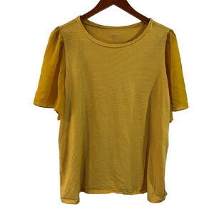 LOFT Yellow Striped Blouse Size XL Short Chiffon Sleeves Round Neckline Pullover